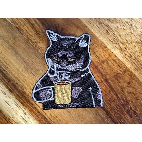 Cat Holding a Cup of Coffee Iron on Patch - Picture 1 of 1